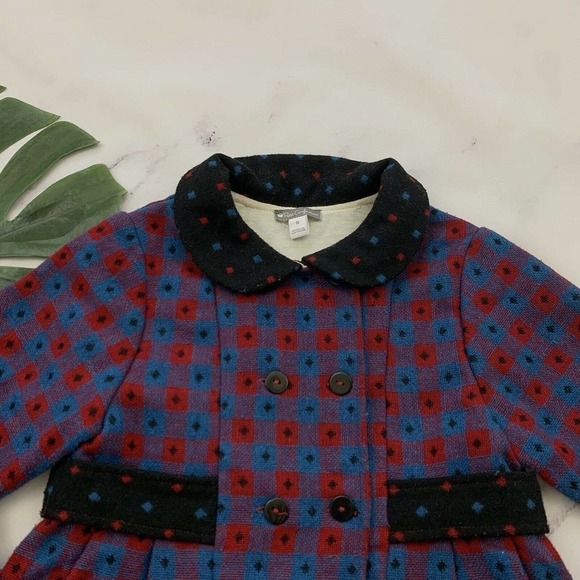 Petit Confection Girls Retro Coat Size 5 Blue Red Double Button Peter Pan Collar - Picture 2 of 11